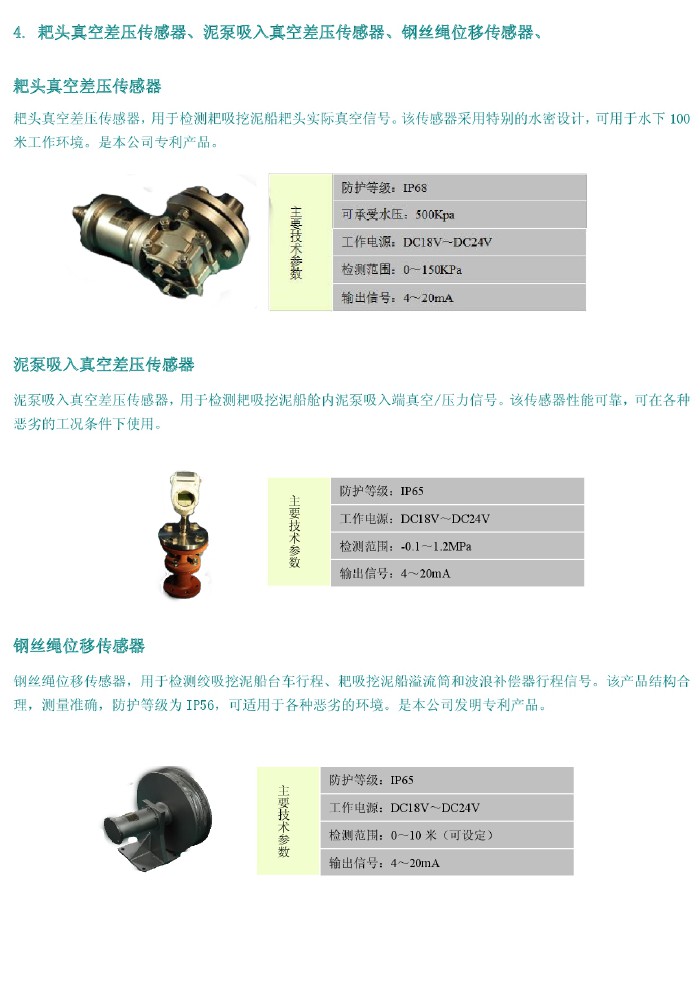 耙頭真空差壓傳感器、泥泵吸入真空差壓傳感器、鋼絲繩位移傳感器、